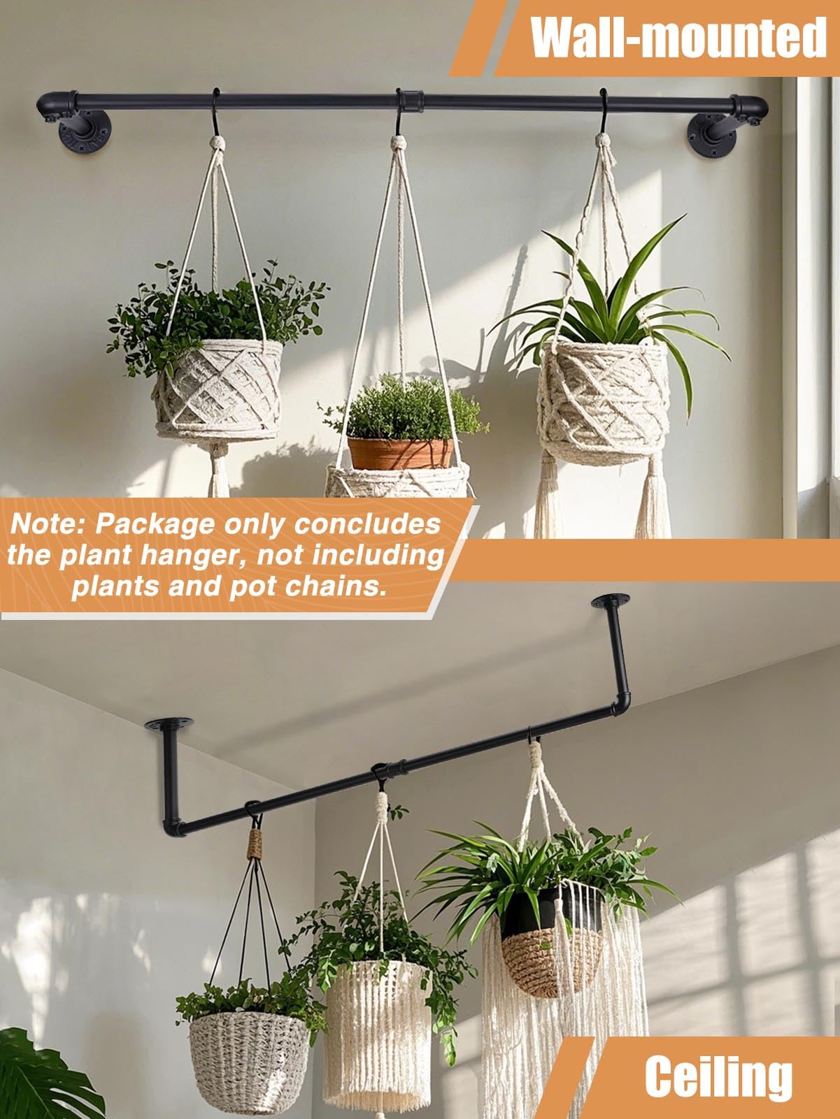 Bigmeta 34in Hanging Planters Rod for Indoor Plants - Max. Load 44 lb Black Metal Holder Rod for Wall Ceiling Decor, 2 Pcs (Pot Chain & Plants Not Included)