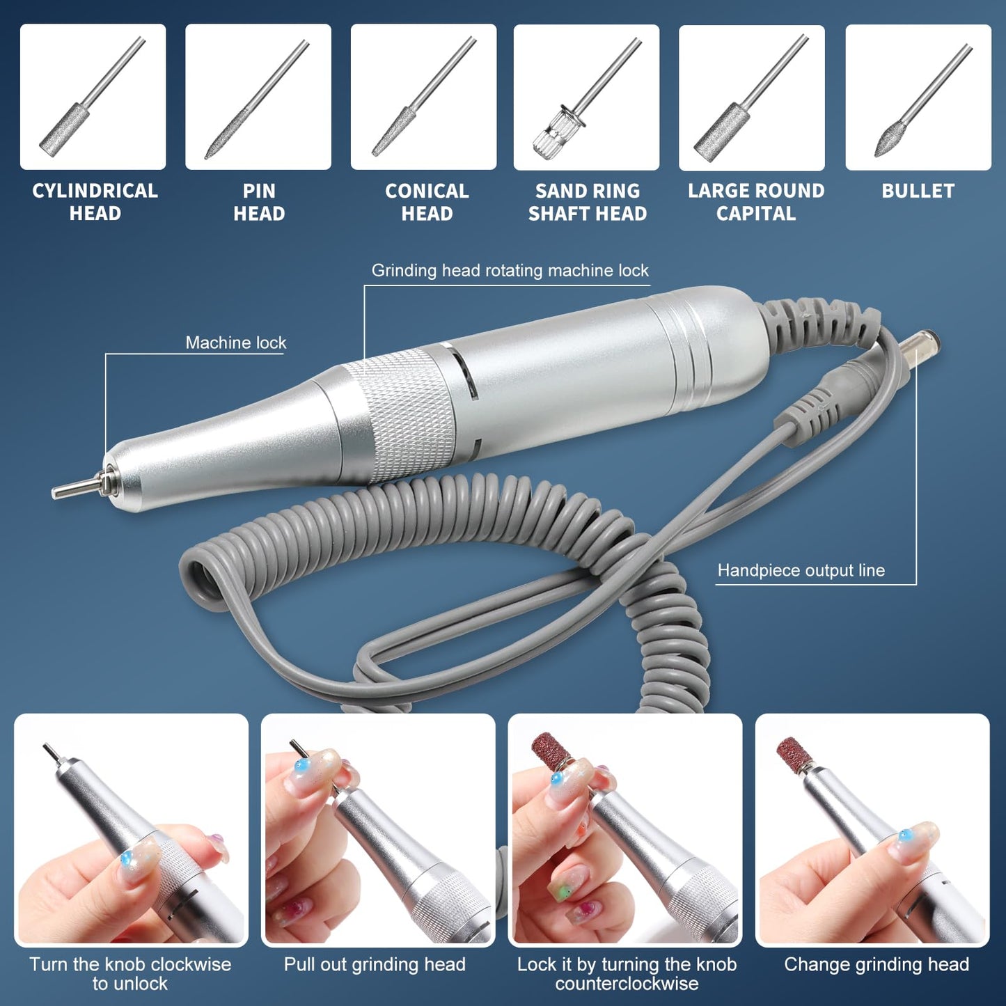 LIMEGIRL Professional Electric Nail File Drill Bits Kit 45000RPM for Acrylic Toenail Machine Clippers with 14 Drill Bit Gradient White Glitter Portable Rechargeable Cordless