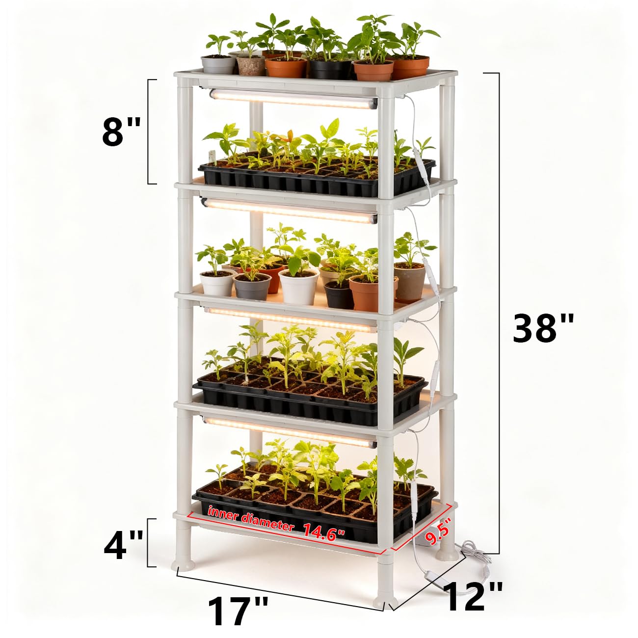 RooTrimmer 5-Tier Seed Starter Trays, Plant Stand with LED Grow Light (Auto-Timer), Bottom Watering Designed for Indoor Greenhouse Plants, Fits Small Pots & Seedling Cell Trays - White