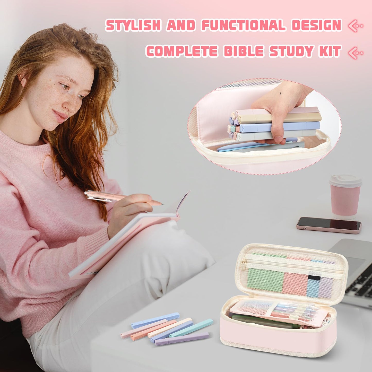 AmazingSpark 95 Pcs Aesthetic Study Kit with Cute Pen Case, Bible Study Journaling Kit, Highlighters, Sticky Notes, Pens, Washi Tapes, for College Students, School Supplies