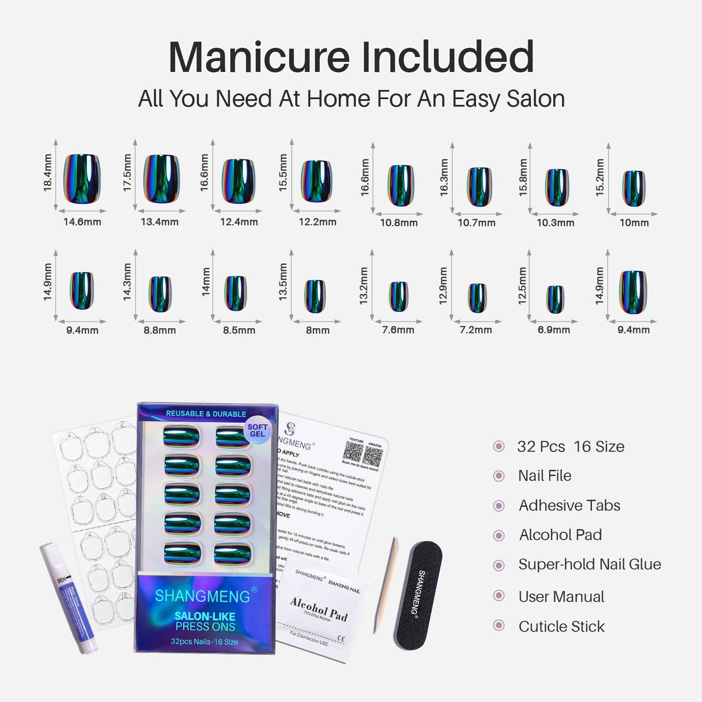 Metallic Chrome Press on Nails Square - SHANGMENG Green Purple Holo Short Nails for Women Gift, Soft Gel Glossy Glue on Nails with Glue in 16 Sizes - 32 Reusable Fake Nails Kit, Liquid Metal