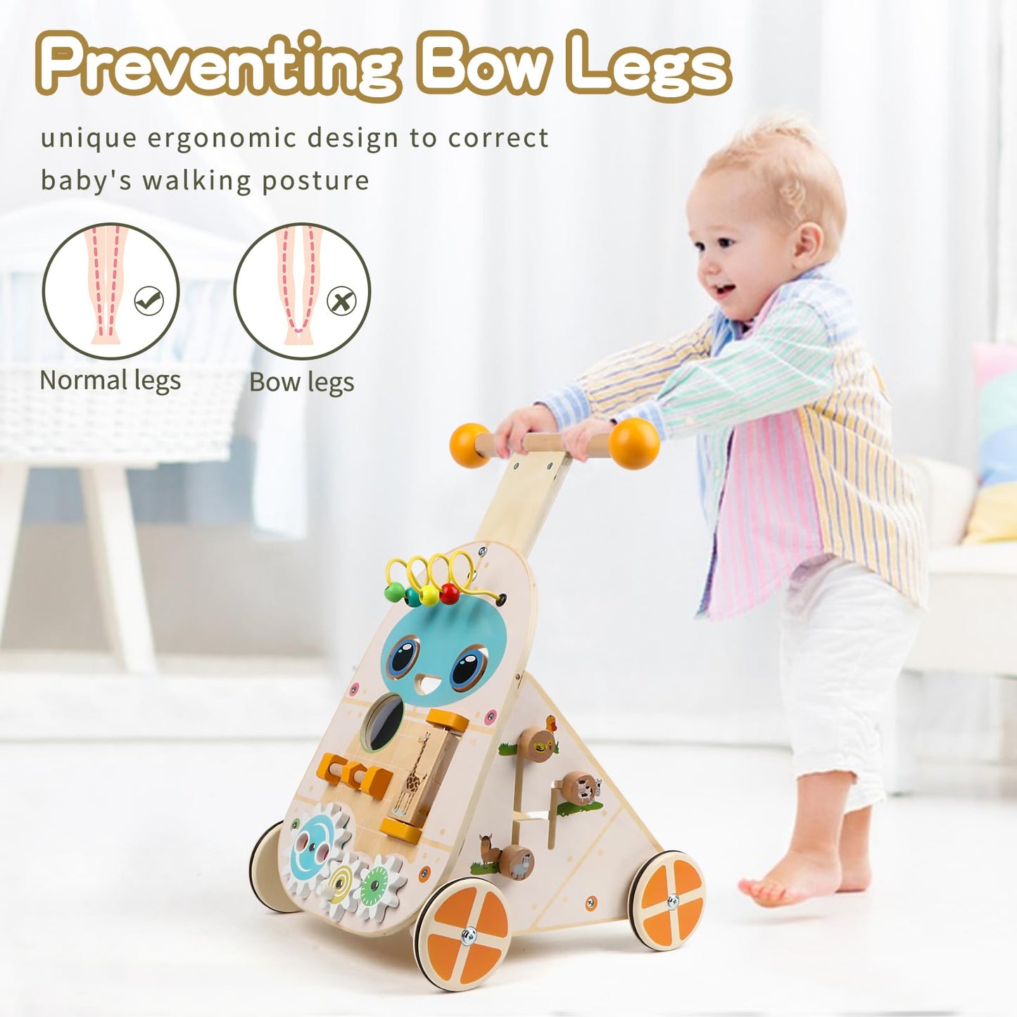 Canuan Wooden Baby Walker, Adjustable Speed Push and Pull Learning Activity Walker, Toddler Push Walker Activity Center Toys with 7 Educational Activities for Boys Girls 1 2 3 Year Old