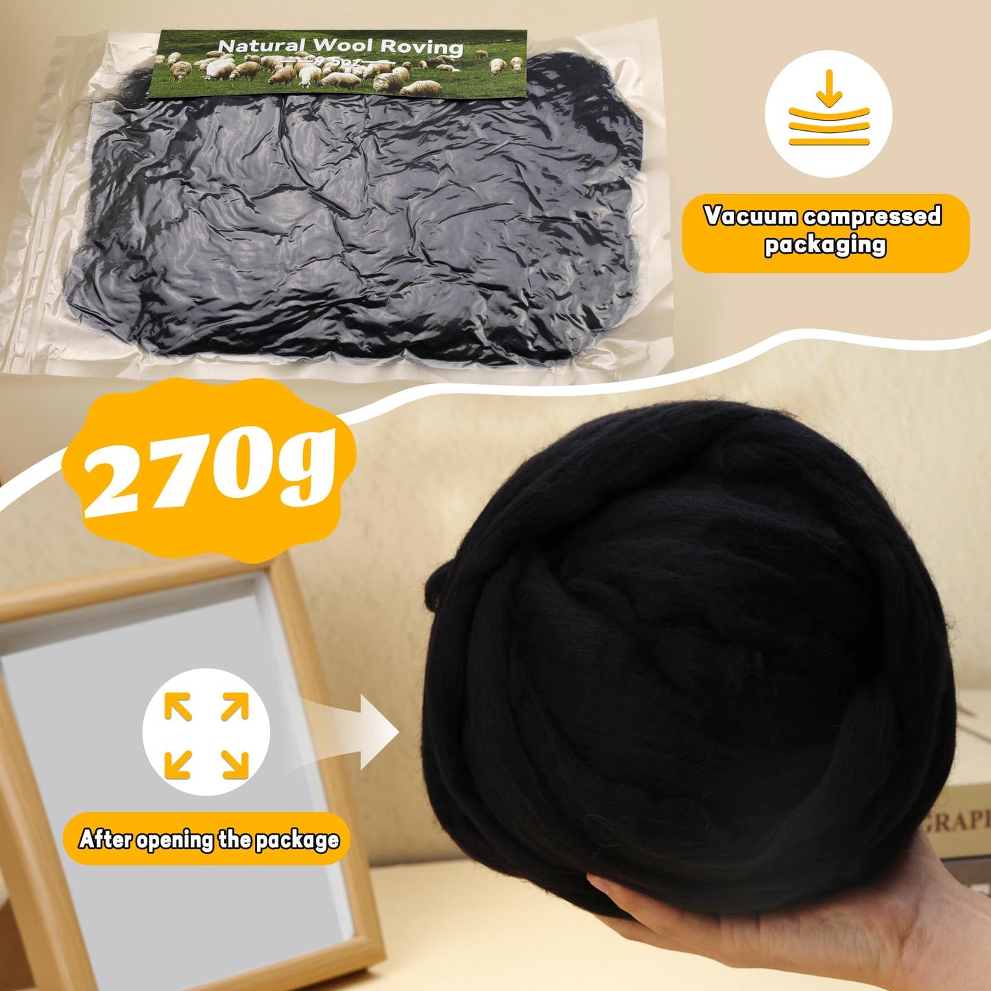 MORFEN 9.5 Oz Wool Roving, Needle Felting Wool, Fibre Wool Roving Top, Pure Wool, for Needle Felt Supplies, DIY Home Decorations Craft Materials(Black)