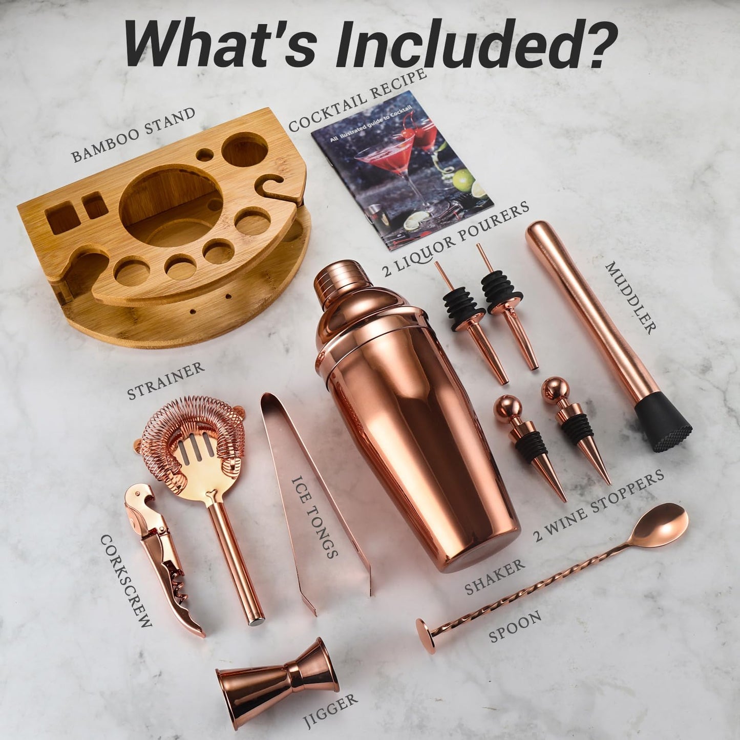 Cocktail Shaker Set Bartender Kit with Stand, 12 Piece Bar Set Drink Mixer Set with Stainless Steel Bar Accessories Tools: 25oz Martini Shaker Jigger Strainer Spoon Muddler for Cocktails (Rose Gold)