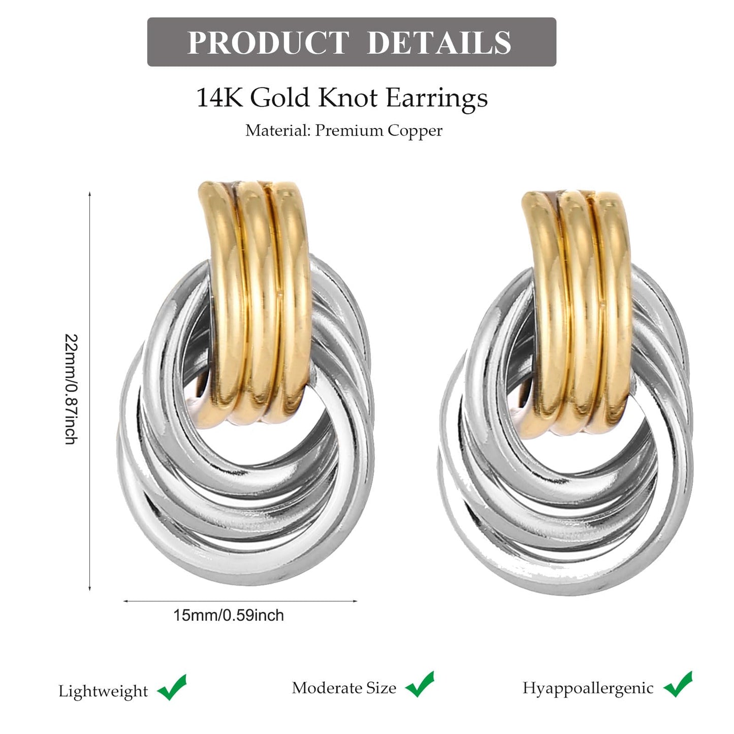 14K Gold Silver Earrings - Mixed Metal Knot Earring for Women, Trendy Two Tone Knotted Drop Statement Earring Jewelry