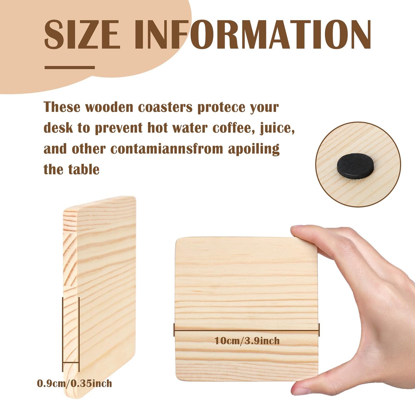 26 Pack Unfinished Wood Coasters, 4 Inch Square Blank Wooden Coasters Crafts Coasters with Non-Slip Silicon Dots for DIY Architectural Models Drawing Painting Wood Engraving