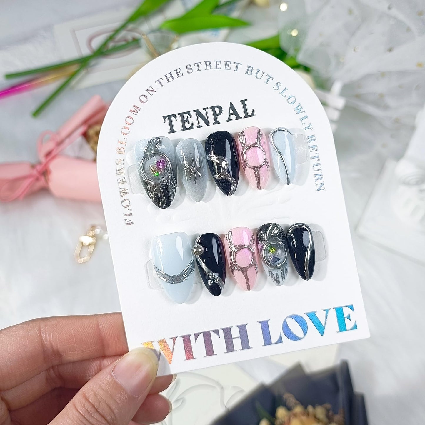 TENPAL Handmade Press On Nails Medium Almond,Acylic Soft Gel Metallic Chrome Silver Finished Aurora Sweet Cool Y2k False Nails Press Ons for Women 10pcs(XS)