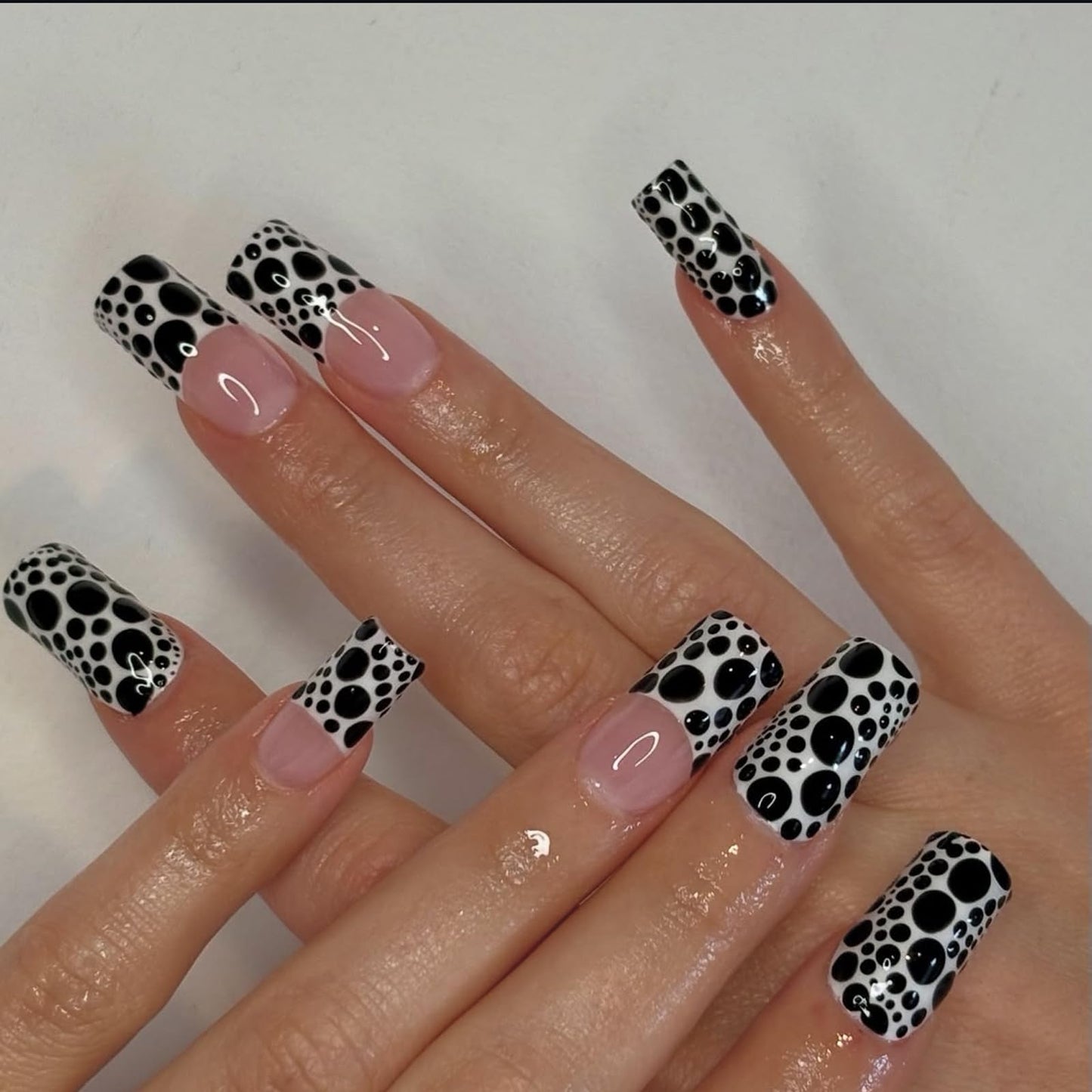 IMRAIN Press on Nails Long Square Fake Nails Glossy French Tips False Nails with Black Polka Dot Design Full Cover Glue on Nails for Women