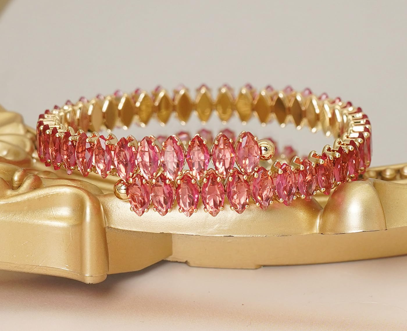 Wovanoo Rhinestone Cuff Bracelet Cubic Zirconia Tennis Bracelets Open Adjustable Elastic Bangle for Women Gold Rose Red