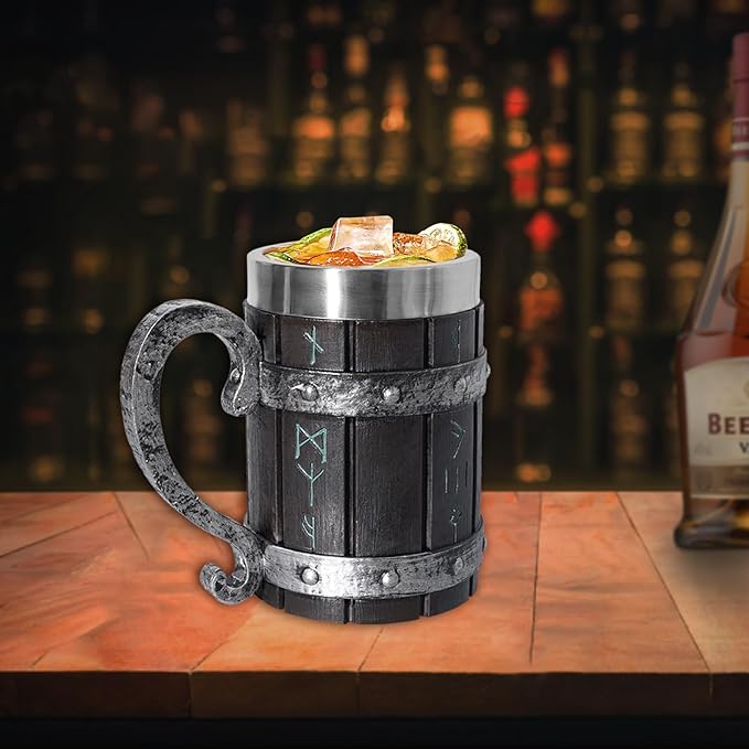 Nordic Viking Rune Beer Mug, Resin Beer Stein Tankard Cup Stainless Steel Wooden Coffee Cool Mug Viking Gift for Men Beer Cup Stein