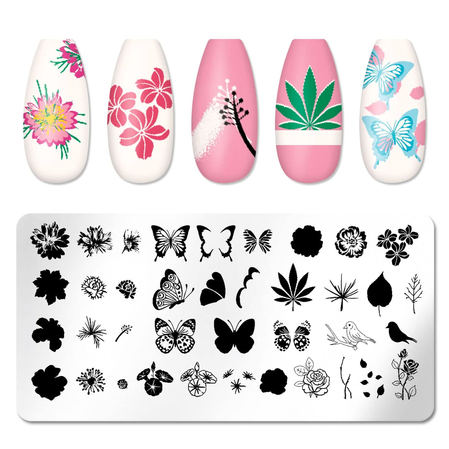 JERCLITY 6pcs Nail Art Stamping Kit Nature Nail Stamping Plates for Nails Butterfly Love Heart Beach Flower Snake Image Plates for Holiday
