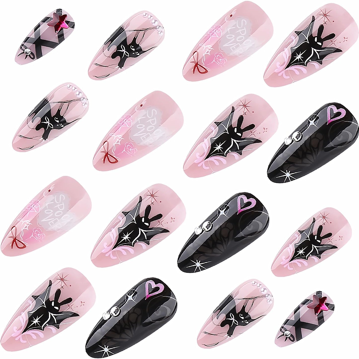 BABALAL Almond Press on Nails Medium Fake Nails Black Pink Glue ons Y2k Bat Cat Bow Design Goth Acrylic Nails 24Pcs Cute Halloween False Nails Star Stiletto