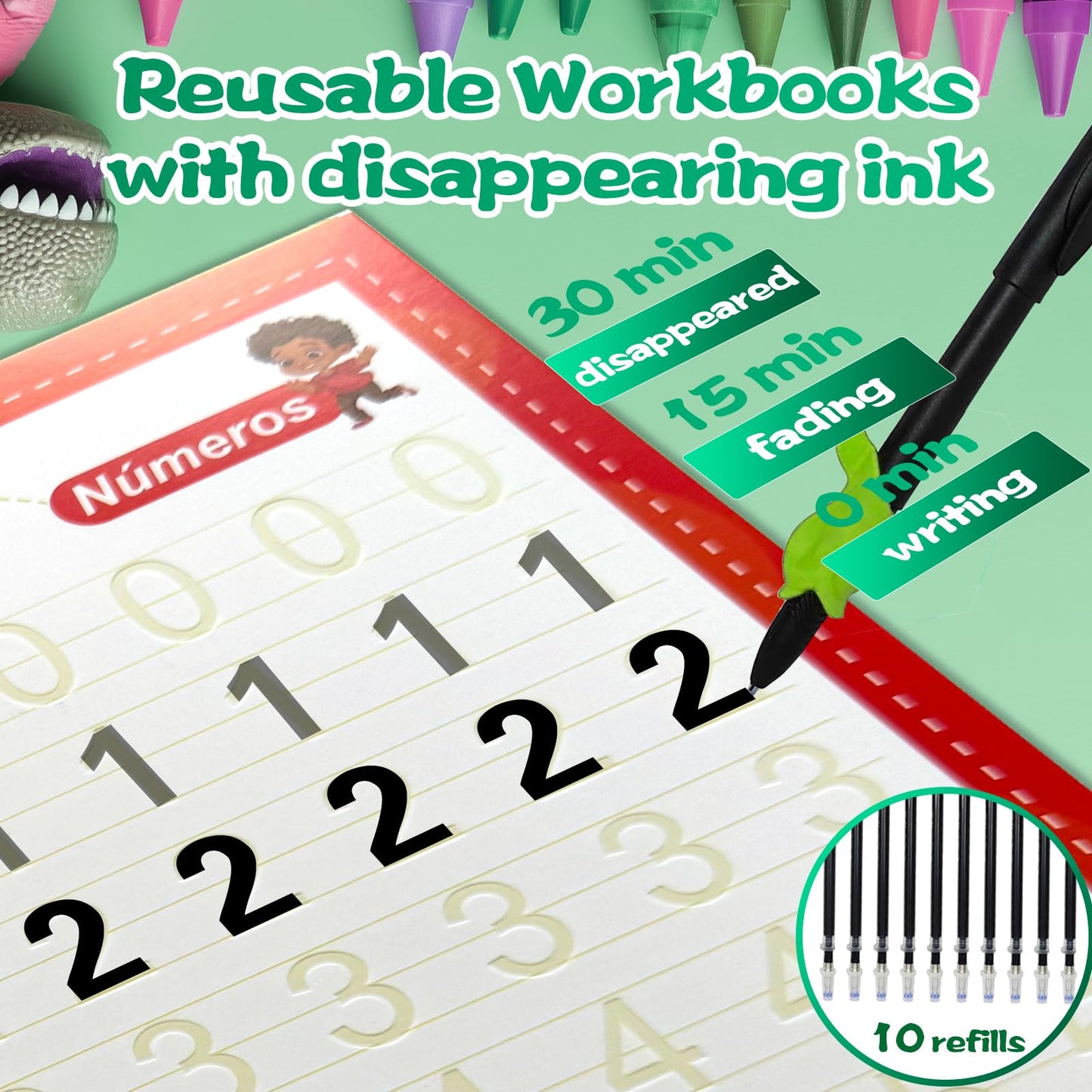 KILOGOGRAPH Magic Grooved Writing Practice for Kids - A4 Big Size Spanish Pre K Tracing Practice Book, Reusable Preschool Handwriting Workbooks Without Tears, 4-Theme Copybooks Pen (Spanish, Big)