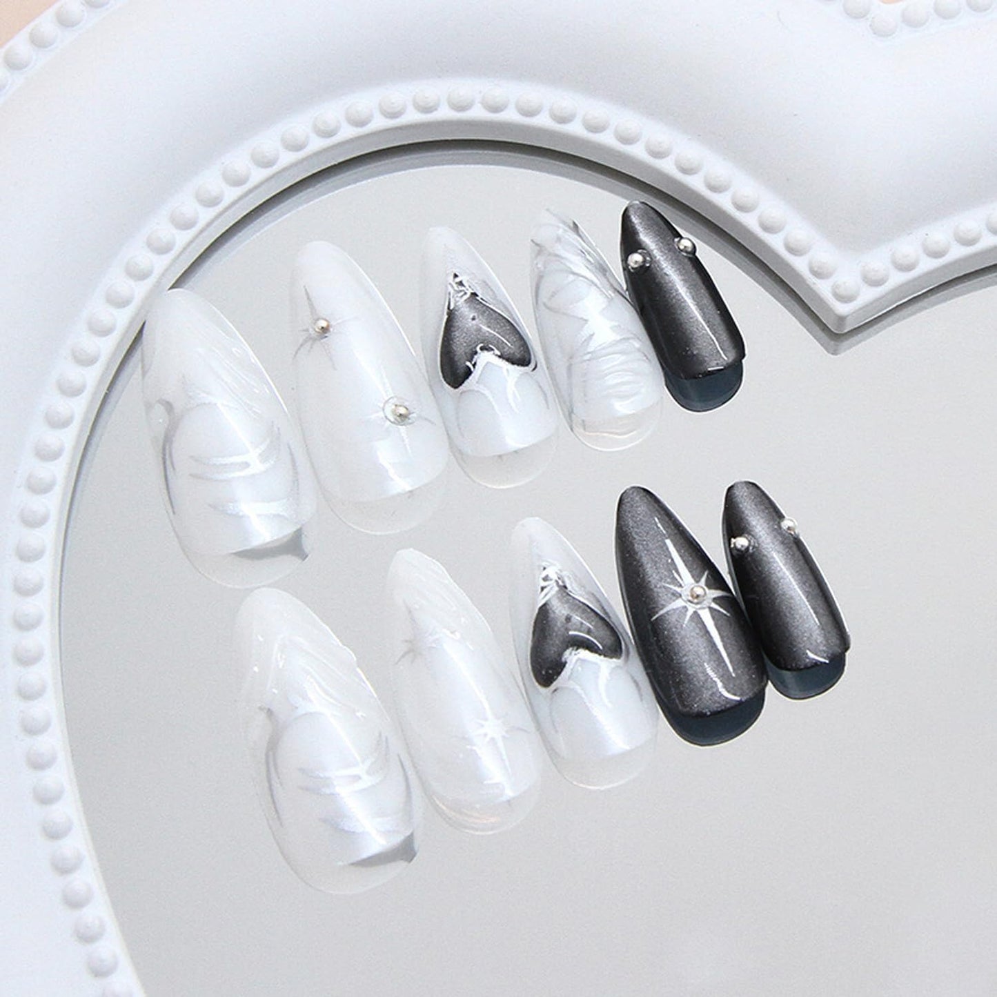 Black Press on Nails Medium Length Almond Fake Nails Silver Sparkling Star Gothic Dark Black Style Press on Full Cover Glossy Acrylic Nails Stick on Nails Nails Art Decoration for Women 24Pcs