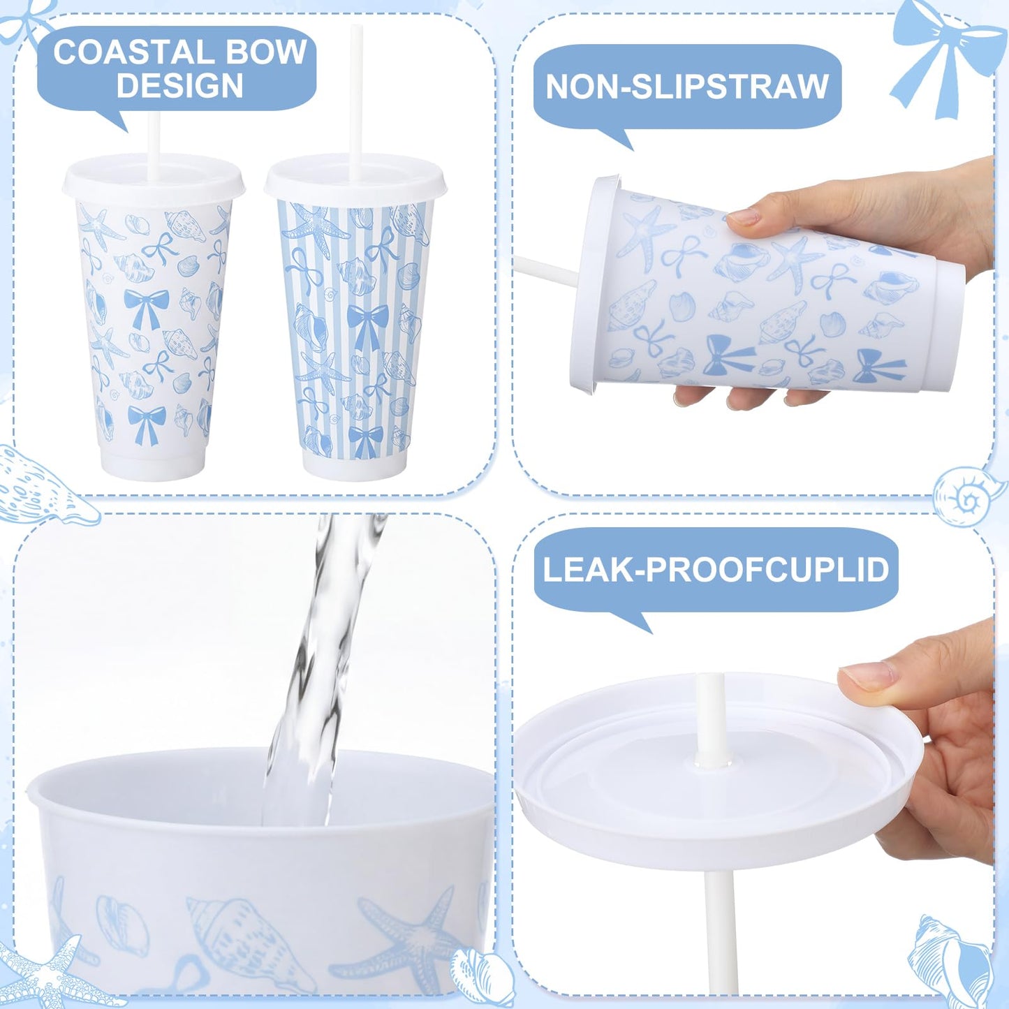 Pickmesh 12 Pcs 24 oz Coastal Blue Bow Plastic Cups with Lids and Straws Bulk Coastal Ocean Party Decoration Supply Blue Shell Reusable Tumbler for Birthday Wedding Baby Shower Party