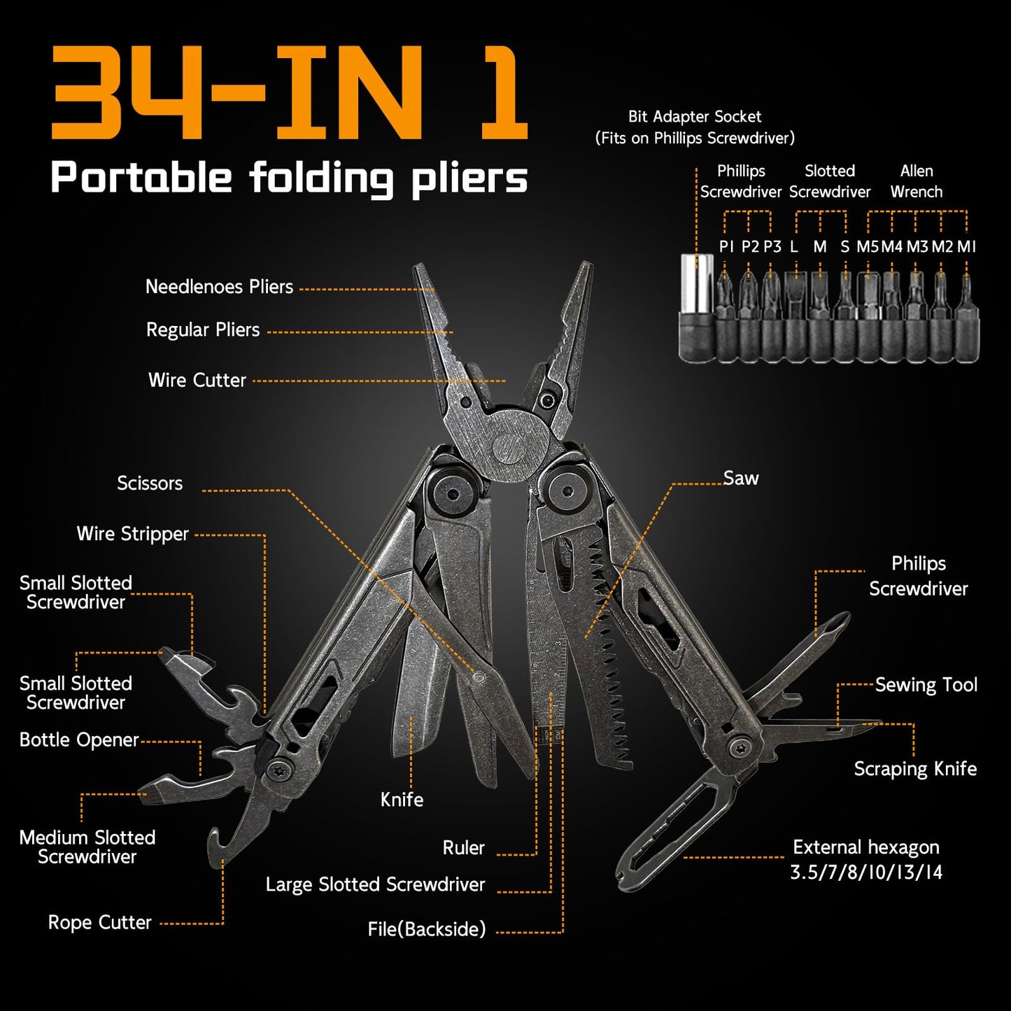 34-in-1 Multitool Pliers with Scissors,Bottle Opener, Allen Wrench,Rope Cutters,File, Saw, Screwdrivers,Stainless Steel Multi Tool with Carrying Pouch Ideal for Camping Survival & Gift for Dad Him Men