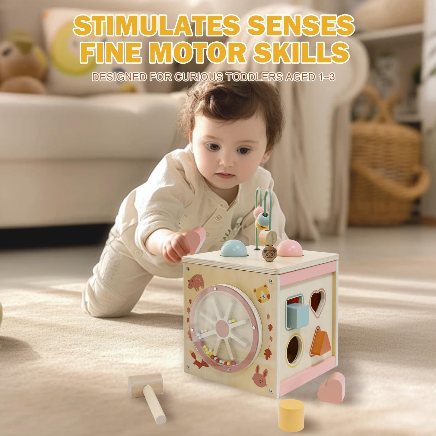 MILEFUN Wooden Activity Cube for 1 Year Old | 7-in-1,Montessori Baby Toys,Educational Toy for Toddlers, First Birthday Gift for Toddlers