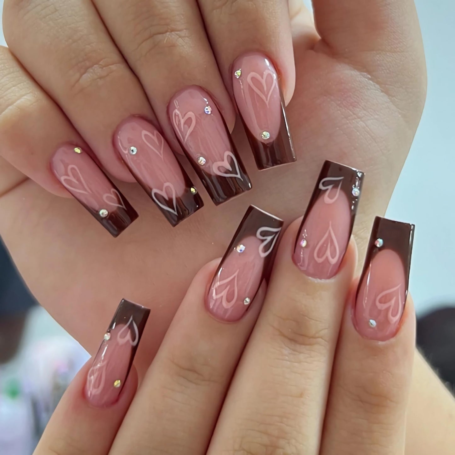 BABALAL Fall French Tip Art Nails Medium Square 24Pcs Squoval Manicure False - Brown Glue on Shiny Acrylic Heart Rhinestone Design Cute Nails for Women & Girls