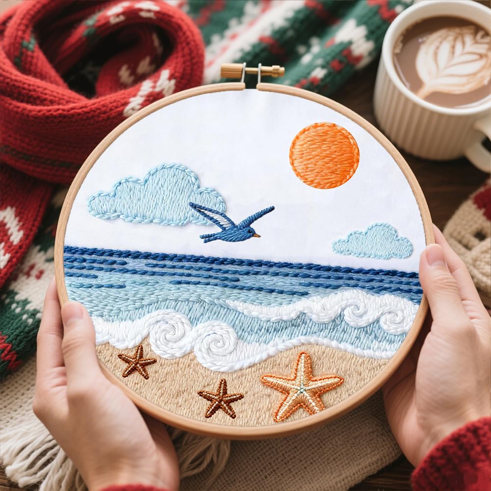 FREEBLOSS 4 Set Embroidery Kit for Beginners Adult Beach Stamped Embroidery Starter Kit with Instructions Needlepoint Accessories and Supplies for Craft Lover Hand Stitch, 2 Hoops 11.6"/29.5cm