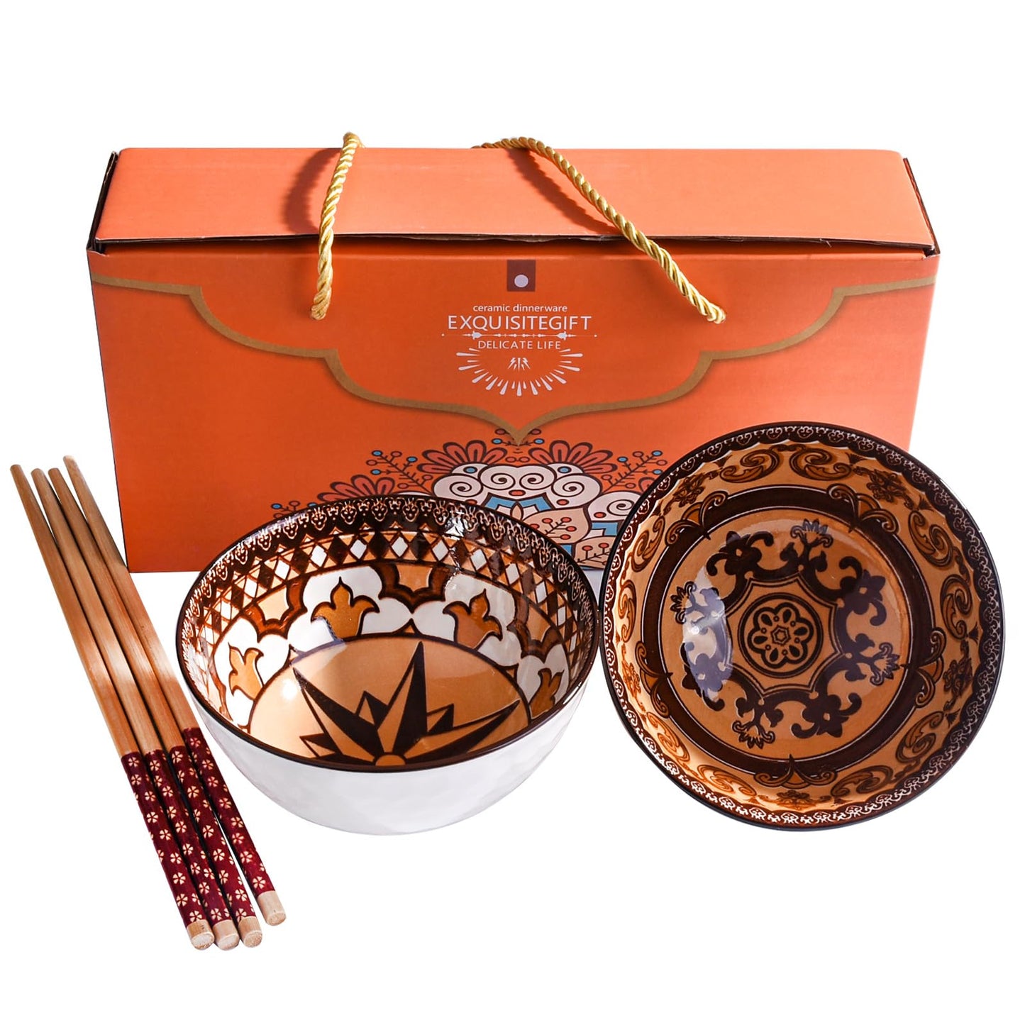 Ceramic Rice Bowl Set with Chopsticks Set of 2, Japanese Style Dining Bowls, Decorative Gift Box Package (2, LM)