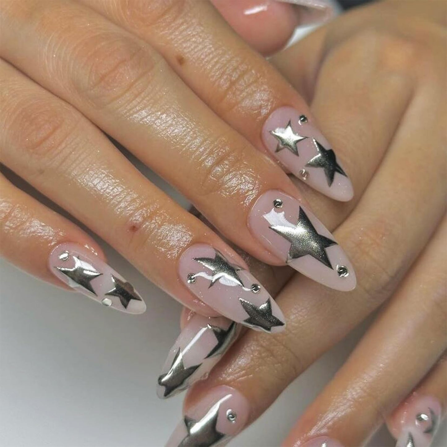 IMSOHOT Medium Almond Stiletto Press on Nails, Nude Silver Star Glossy Acrylic Nails for Women, 24PCS