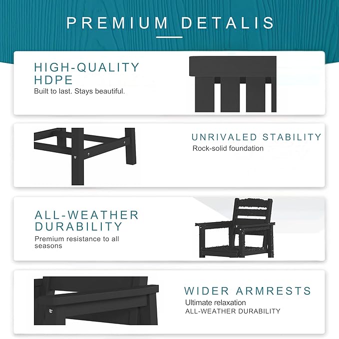 7 Piece Patio Dining Set with 11ft Patio Umbrella (Black), 7 Black Outdoor HDPE Dining Set with 6 Chairs + 1 Large Table with 2" Umbrella Hole, for Market, Pool, Garden, Backyard, Deck