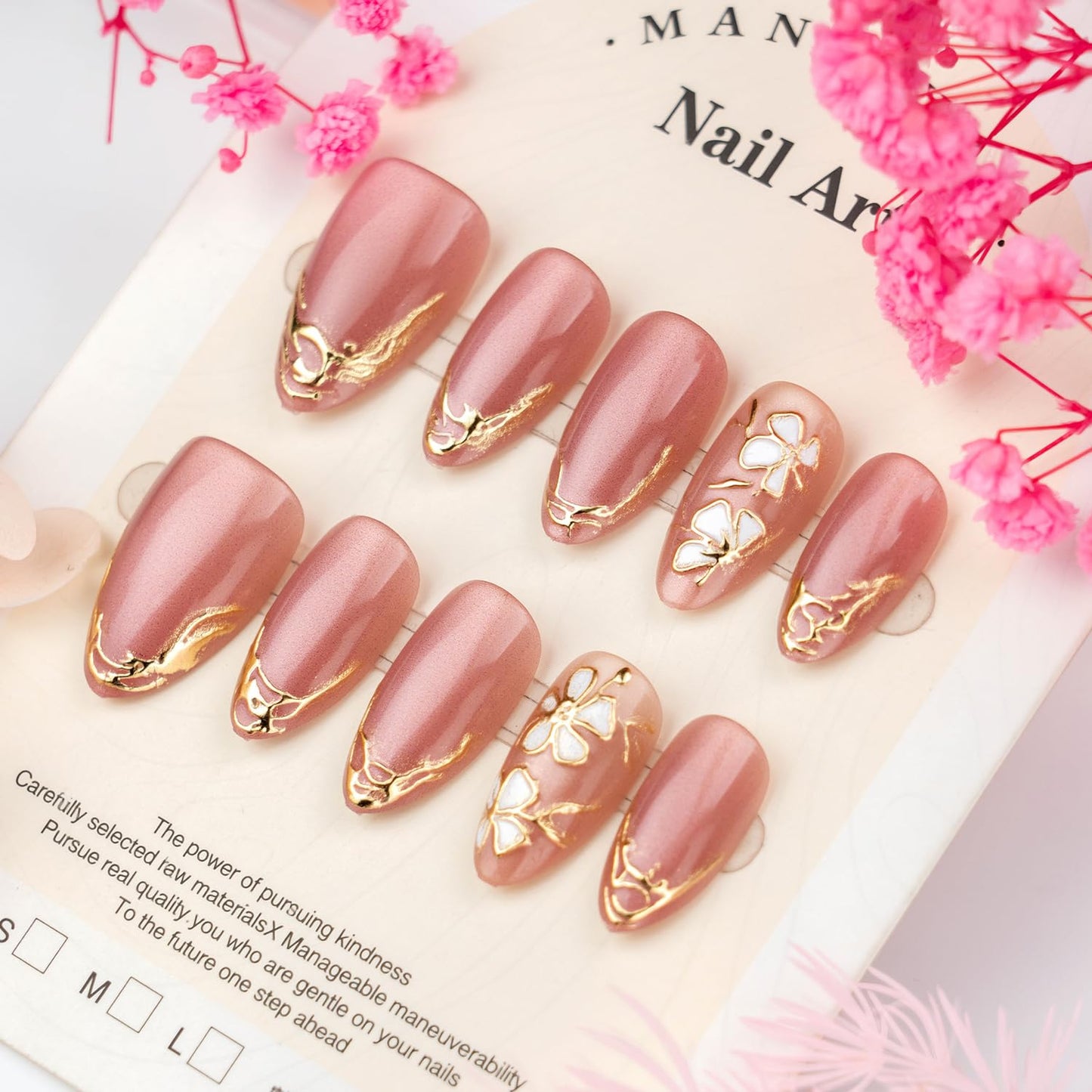 30Pcs Pink Glitter Press On Nails Almond Medium Fake Nails With Irregular Gold French Line Design Nail Press Ons Flower False Nails Glossy Spring Glue On Nails For Women Girls