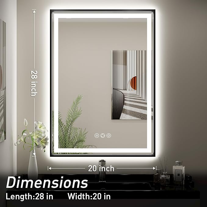 LED Bathroom Mirror, 20x28 Inch Frontlit & Backlit Black Framed Lighted Mirror,Wall Mouted Vanity with Lights,Double Lights Strips,Anti Fog Stepless 3 Colors Temperature & Dimmable