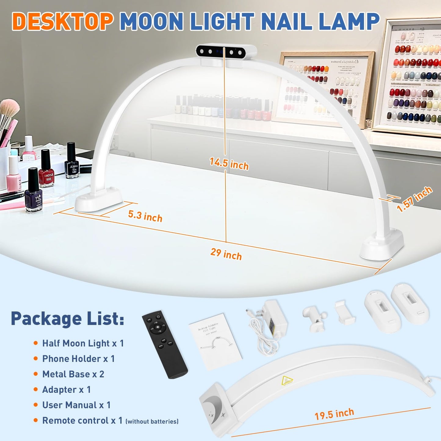 KIRKAS 29inch Large Half Moon Light for Nail Tech, 456 LEDs 3 Color Modes Infinitely Knob Arch Nail Light with Screen and Phone Holder Charging Function, Foldable Lighted Lamp for Manicure,Craft-White
