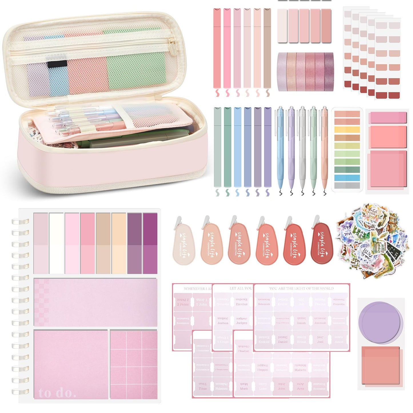 AmazingSpark 95 Pcs Aesthetic Study Kit with Cute Pen Case, Bible Study Journaling Kit, Highlighters, Sticky Notes, Pens, Washi Tapes, for College Students, School Supplies