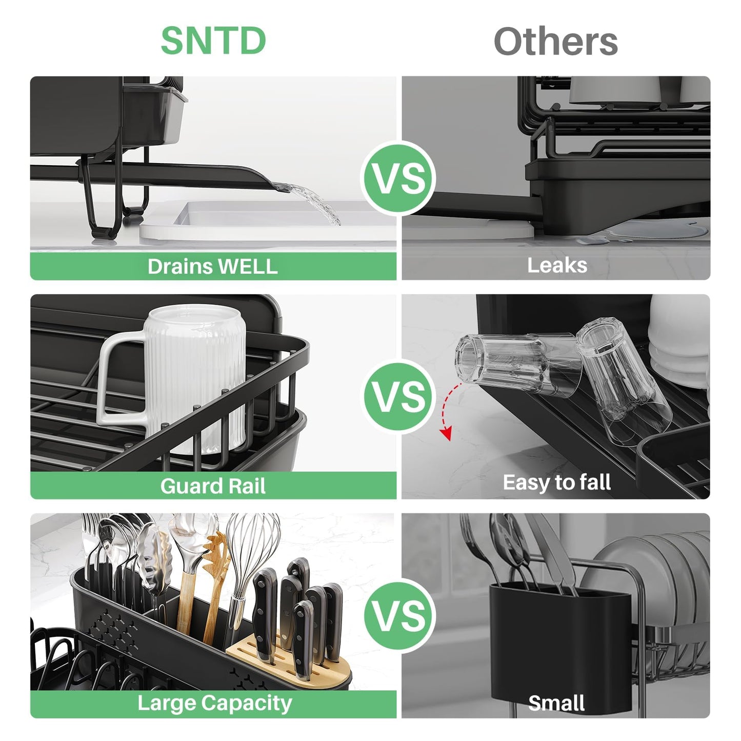 SNTD Dish Drying Rack - Large Dish Racks for Kitchen Counter, Expandable Dish Drainers with Cutlery Holder Stainless Steel Rustproof, Black