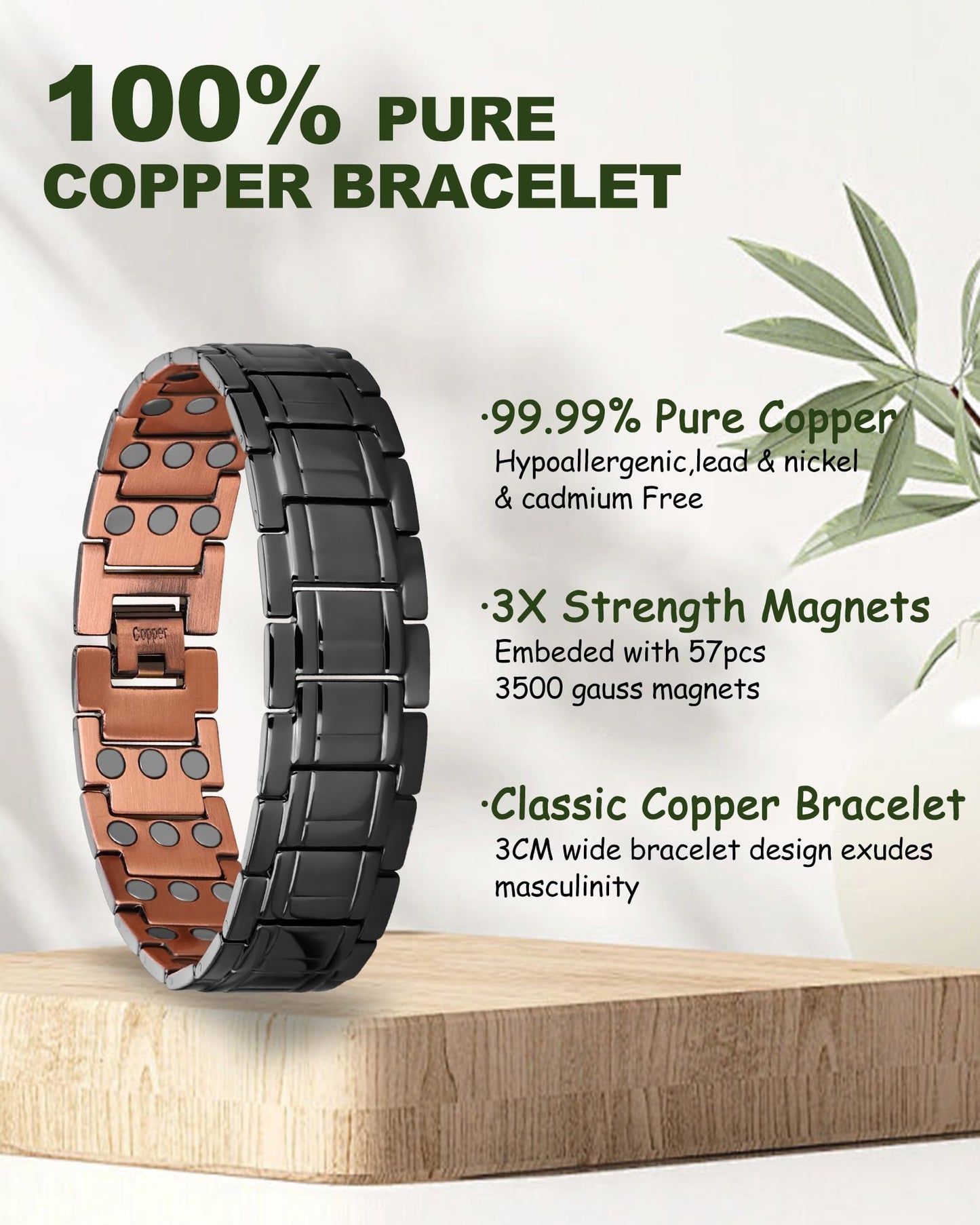 MagEnergy Copper Bracelet for Men, 3X Strength Magnetic Bracelet, 99.99% Pure Copper Jewelry Gift with Sizing Tool