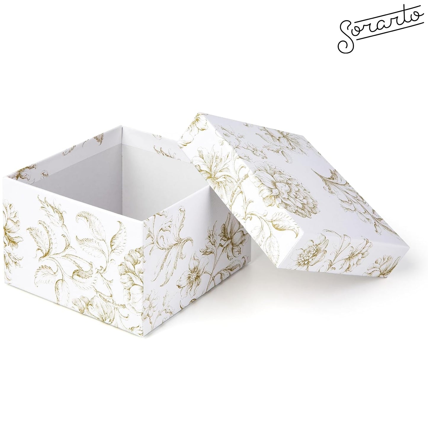 Sorarto Square Gift Boxes with Lids 4pc Set | White Gold Floral Nesting Gift Boxes for Presents Birthday Wedding Bridesmaid Christmas