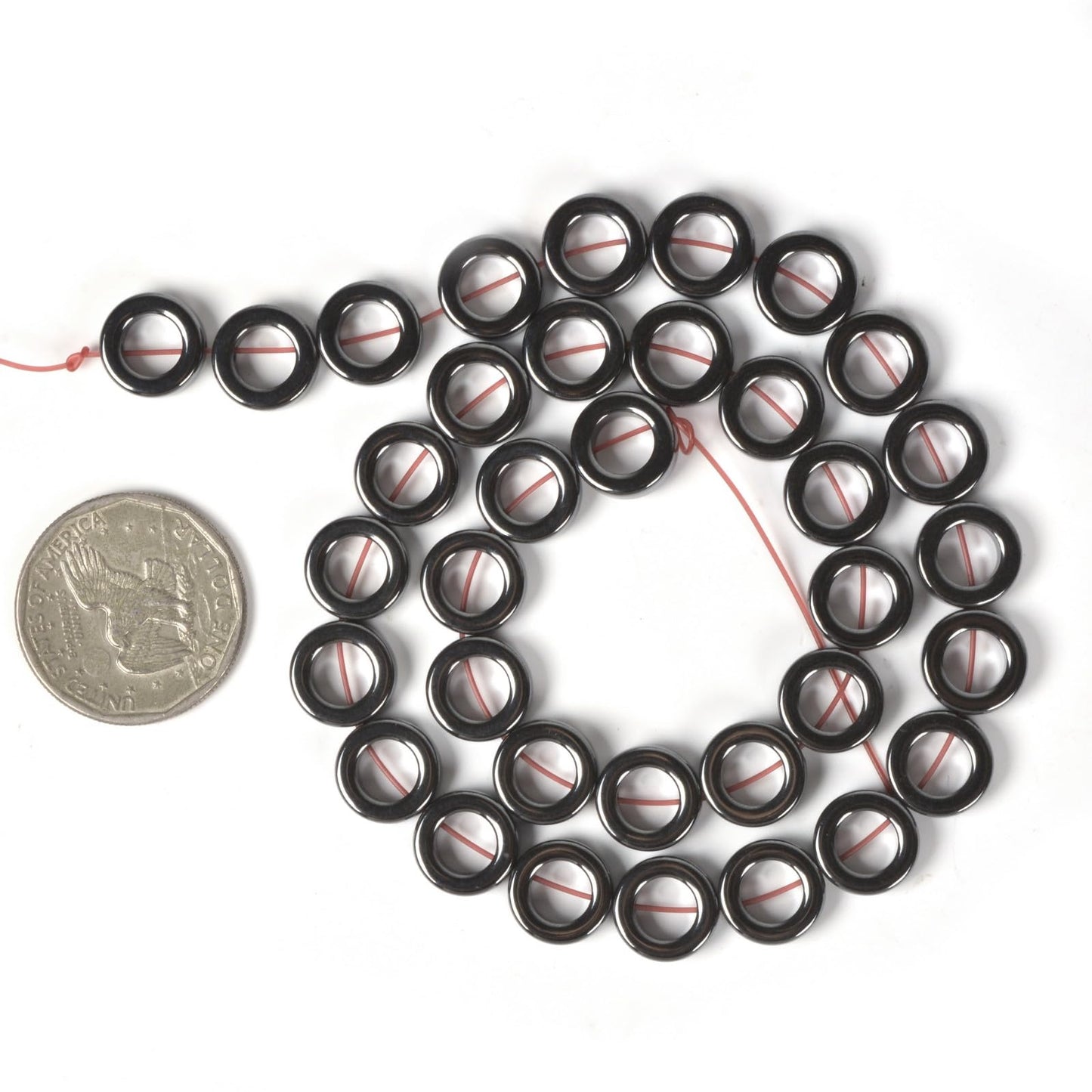 Natural 12mm Hematite Hollow Circle Flat Round Ring Shape Donut Beads Strand 16 Inch for Jewelry Making
