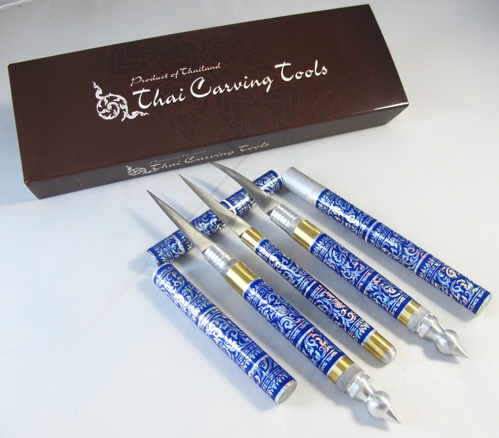 Set 3 Thai Fruit and SOAP Carving Knife Knives Brass Handmade Blue Color