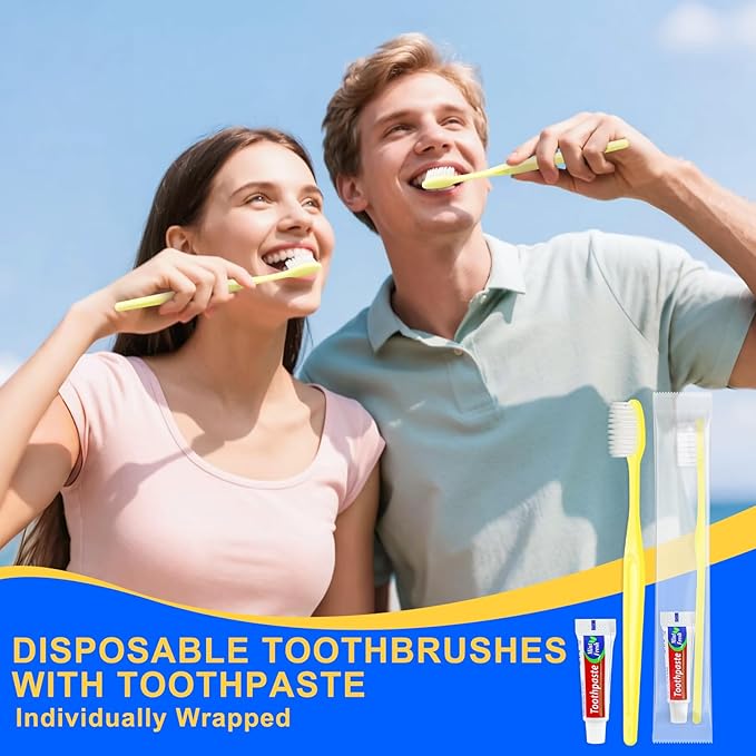 Yellow Disposable Toothbrushes with Toothpaste - Pack of 50,Individually Wrapped Single Use Travel Toothbrushes Kit Bulk for Homeless,Guests,Hotel,Dentist