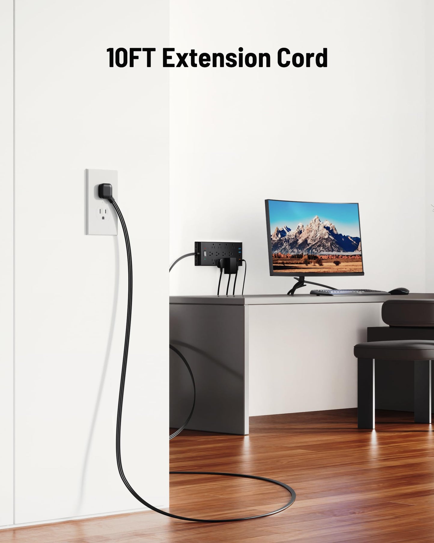 Surge Protector Power Strip 4800J, LeZone 10Ft Long Extension Cord Flat Plug, 12 Outlets 2 USB C 2 USB Ports, Wall Mountable, 20W Desk Charging Station, Black