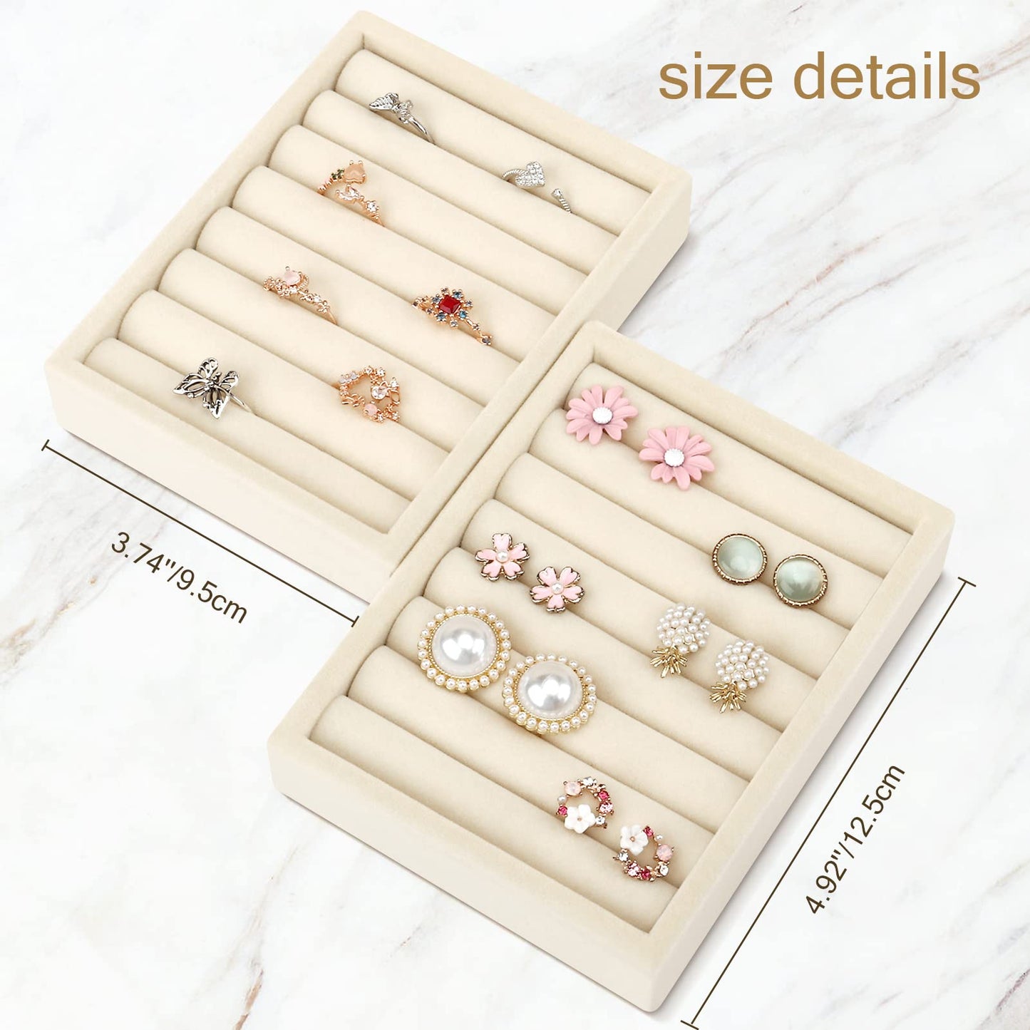 DesignSter Small Jewelry Tray-Ring Organizer 2PCS Premium Velvet Rings Earrings Display Tray Storage Insert Holder for Jewelry Box, Drawer, Dresser (8 Slots, Beige)
