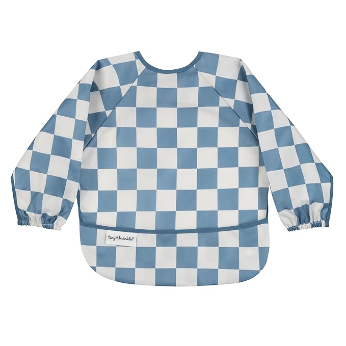 Tiny Twinkle Long Sleeve Bib for Babies & Toddlers – Waterproof Smock Bib for Eating – Machine Washable & Mess-Proof, Baby Feeding Essential & Shower Must-Have(Checkers Blue, 6–24M)