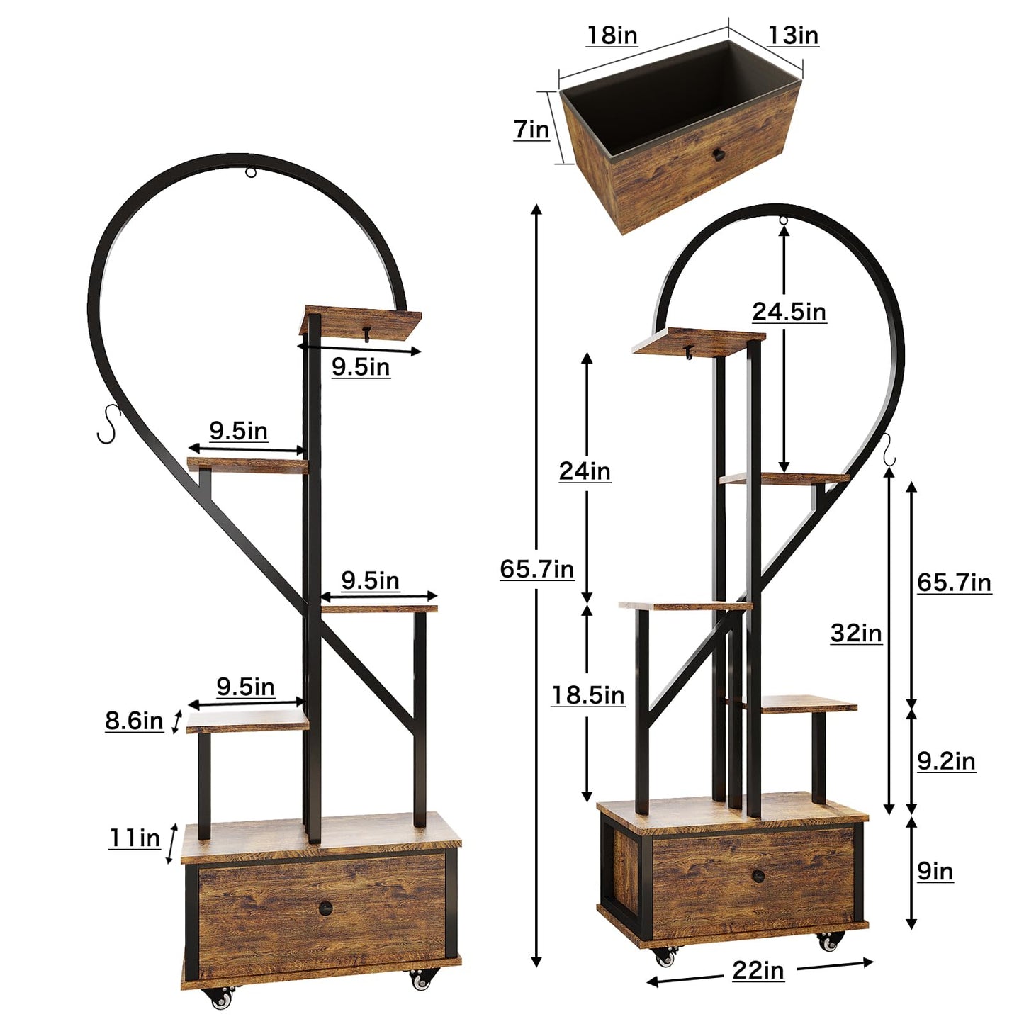 Heart Shaped Indoor Plant Stand with Rolling Storage Cabinet & Drawer, Multi-Tier Plant Shelf with Hanging Hooks & Casters for Home Office Living Room Patio Balcony, Rustic Brown, 2 Pack