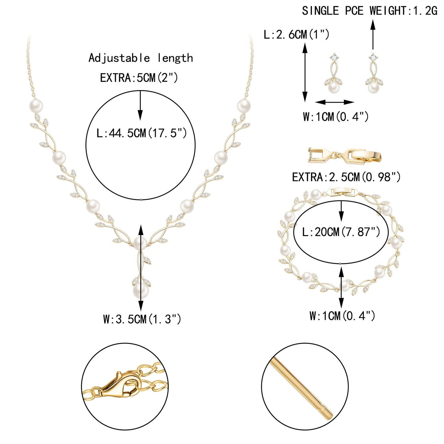EVER FAITH Wedding Jewelry Sets for Bride, Gold-Plated-Brass White Cubic Zirconia Simulated Pearl Leaf Filigree Bridal Party Necklace Earrings Bracelet Set for Women