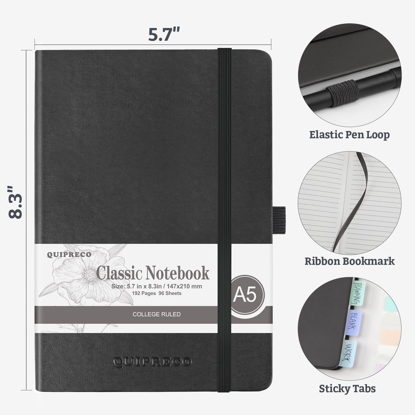2Pack Lined Hardcover Journal Notebook, A5 192 Pages 100Gsm Thick Paper College Ruled for School,Note Taking,Work,Diary，5.7''*8.3'',Black