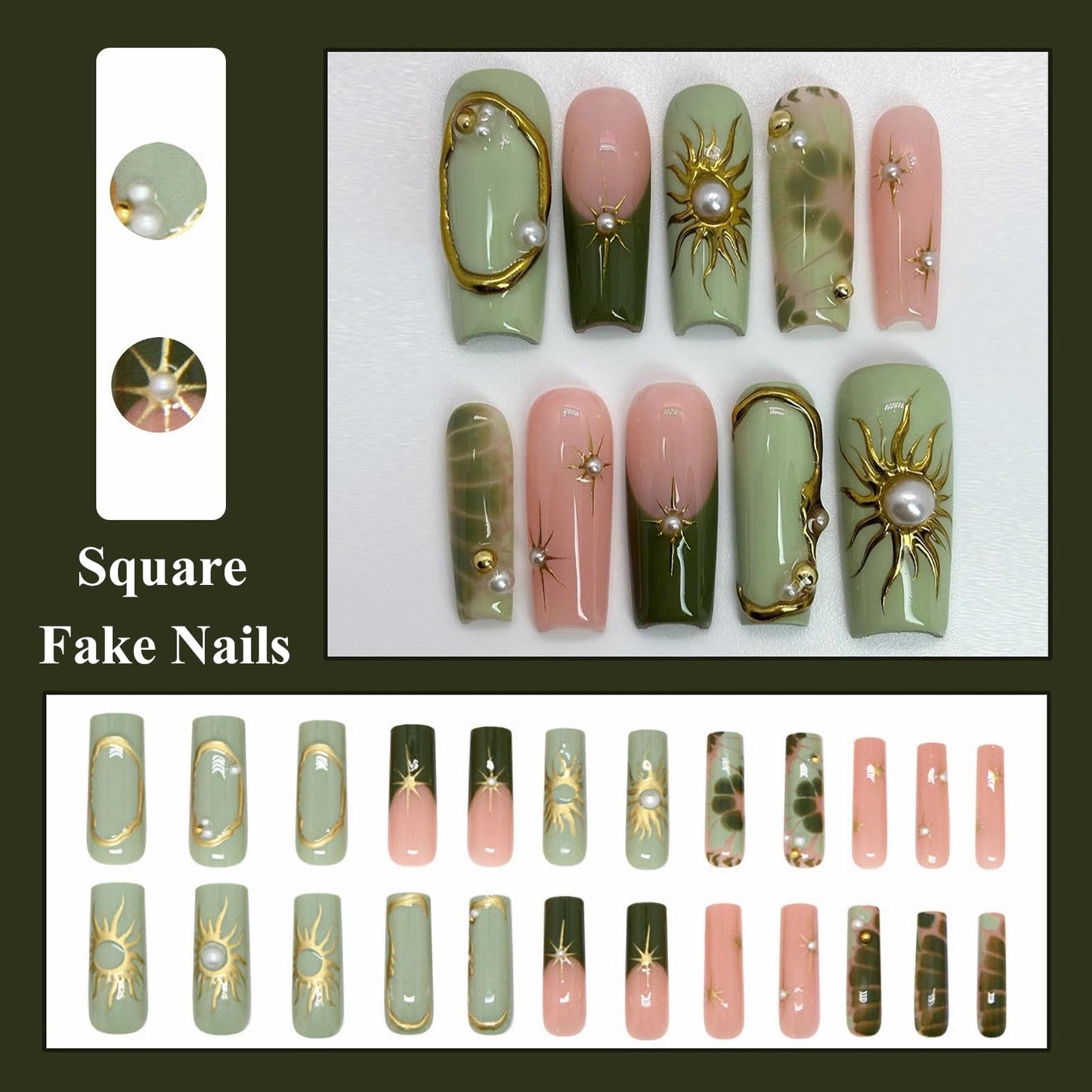 MISUD Press on Nails - Long Square Fake Nails with Green, Acrylic Gold Chrome Sun Star Design 24 pcs