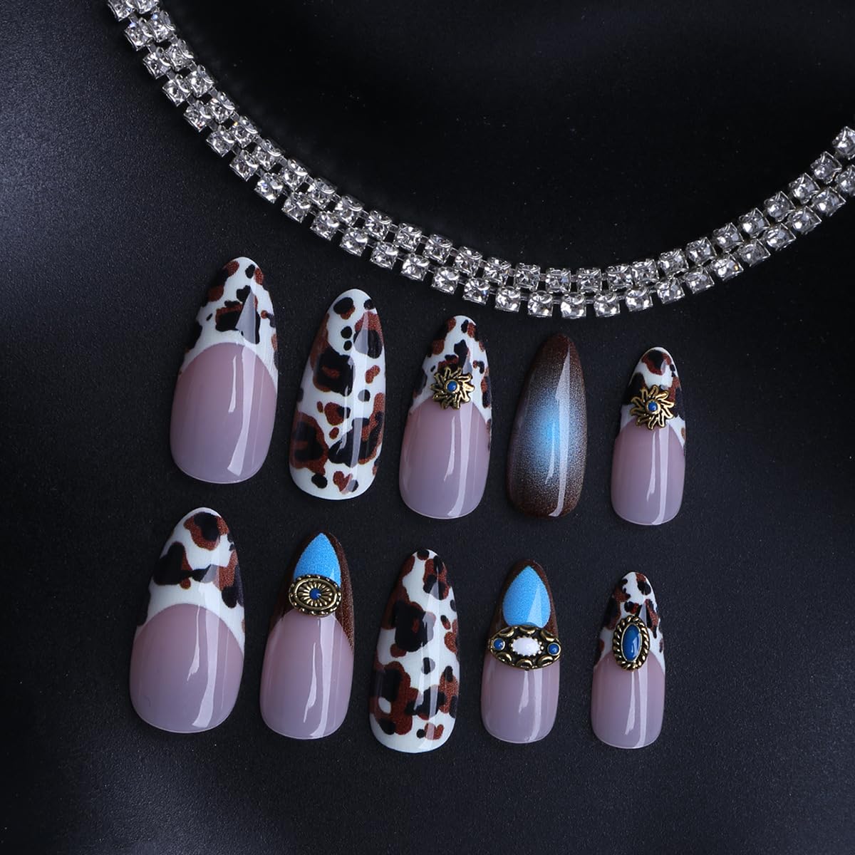 plalely Long Press on Nails Almond, Acrylic Press on Nails with Flower Designs, Long Almond Nail Tips for Women 24pcs
