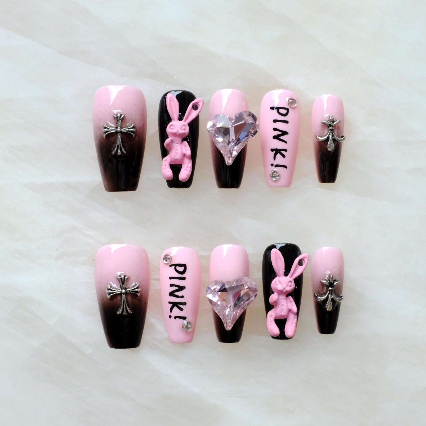 GLORS Luxury long Long Ballerina Press-On Nails, Pink and Black Gothic Design with 3D Bunny and Diamond Heart, Handmade False Nail 10 Pieces (Small, LS)
