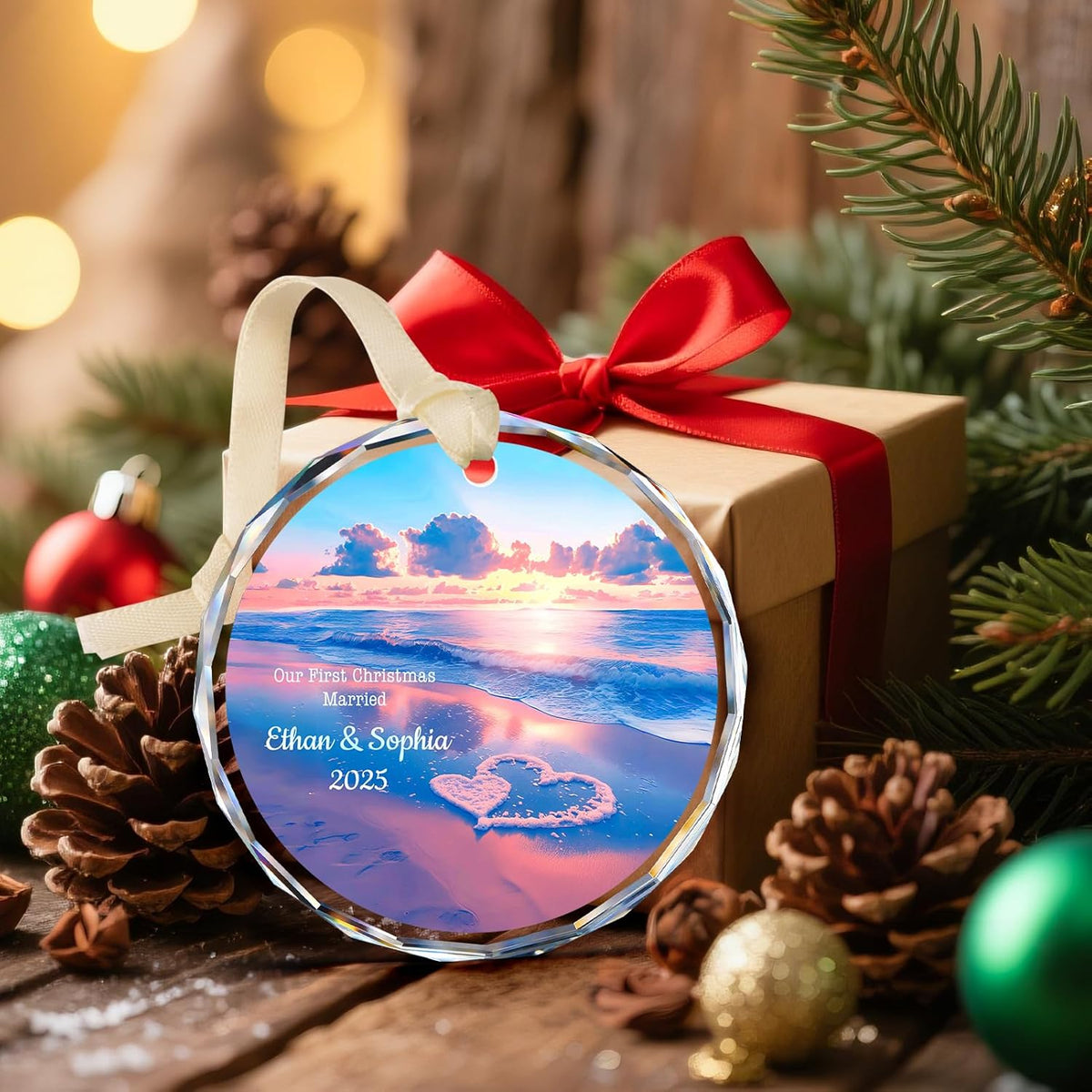 Our First Christmas Married Ornament 2025, Personalized Christmas with Custom Name, Date, Wedding Gifts, Newlyweds Keepsake for Him, Her, Couple