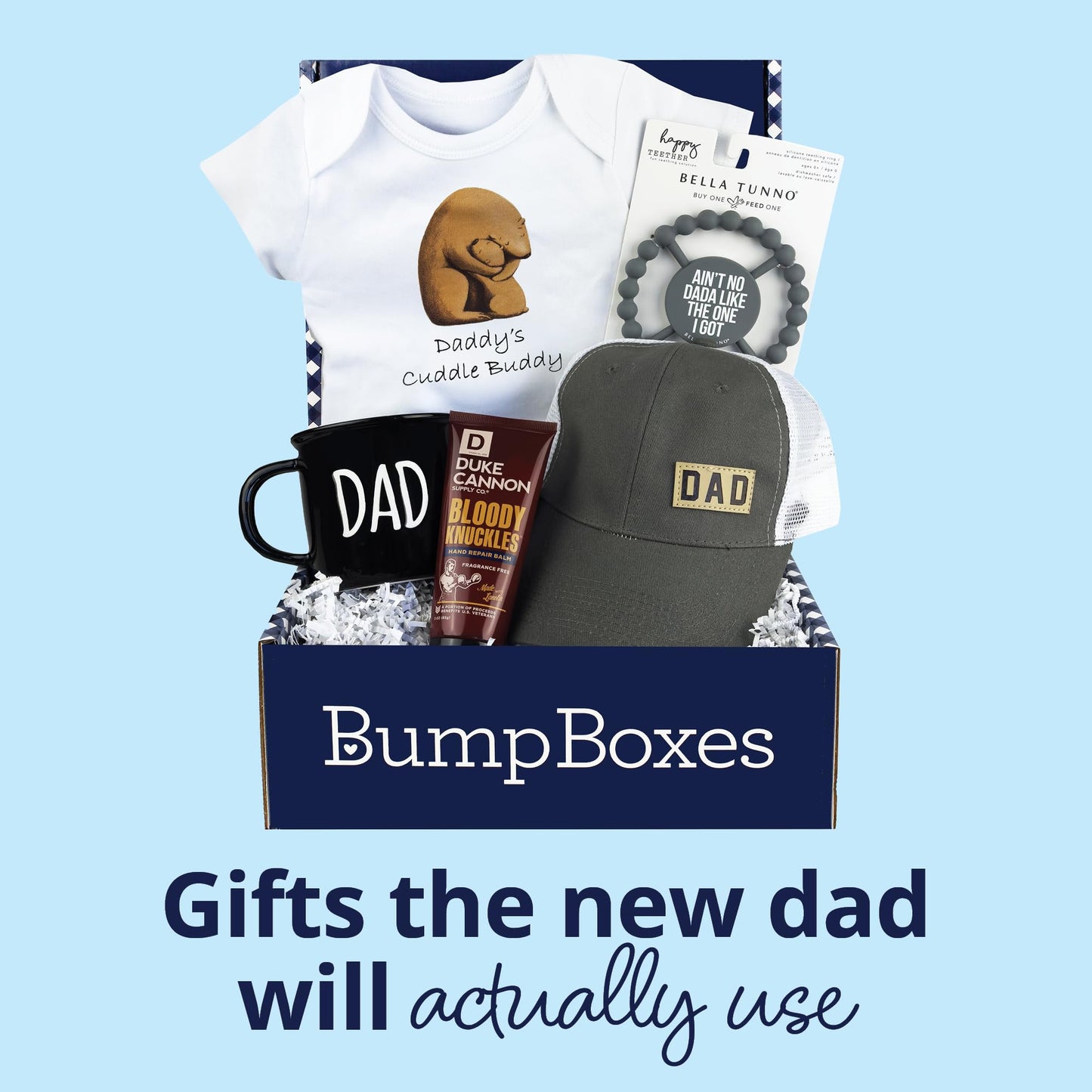 Bump Boxes, New Dad Gift Box with Mug, Hat, Teether, Onesie and Balm, Unique Kit for First time or Expecting Father, Fathers Gifts for Men