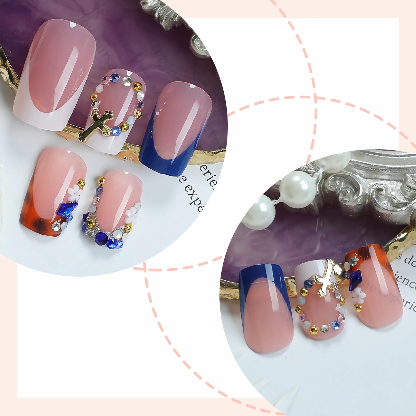 BABALAL Punk Press On False Nails Short Square Fake Nails Fall Cheetah Glue ons Blue White French Tip Acrylic Nails with Cross Charm 24Pcs Gothic Squoval Full Cover Handmade Supplies