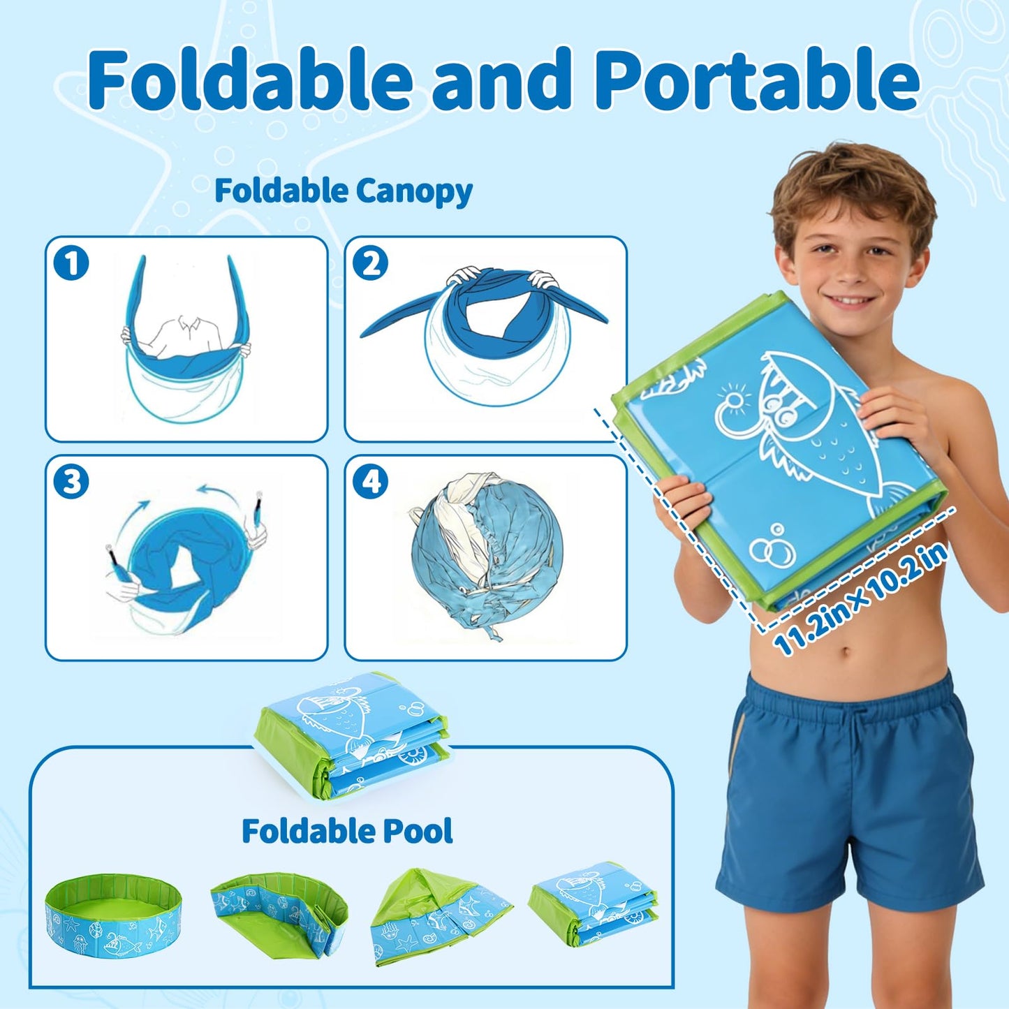 47"‌ Foldable Kiddie Pool with Canopy, Suitable for Toddlers and Babys Aged 1-5 Years, Designed for Use in Backyard, Beach, Park, Blue and Green(No Sprayer)