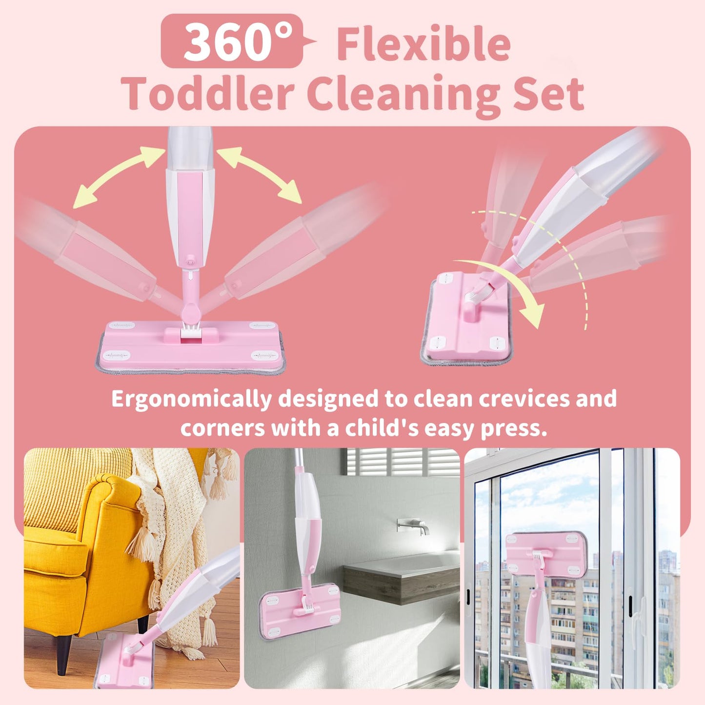 Lullulii Kids Spray Mop,Fun & Functional Toddler Cleaning Set,Real Working Mop for Floors,Pretend Play – Includes Spray Bottle, 2 Washable Microfiber Pads, Montessori Kids Cleaning Toy Set -Pink